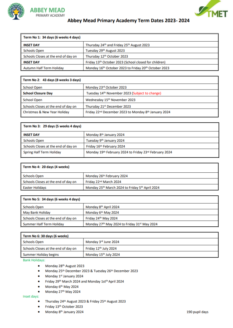 Term Dates Abbey Mead Primary Academy TMET Leicester MAT